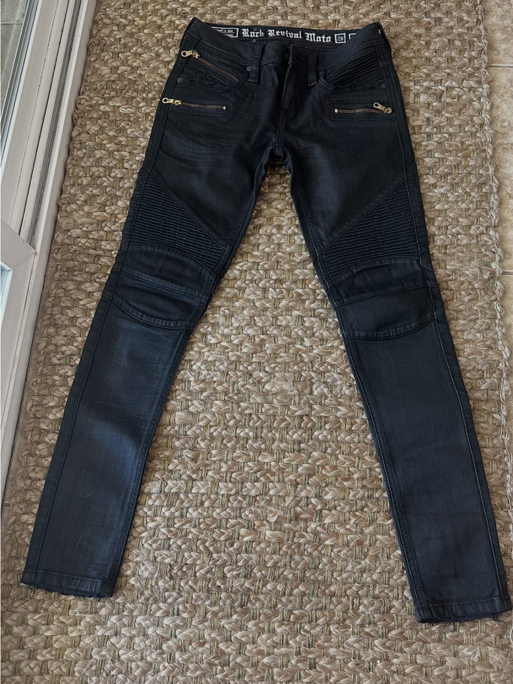 Rock Revival "Gaby" Moto Skinny Jeans in a coated matte black finish. NWOT